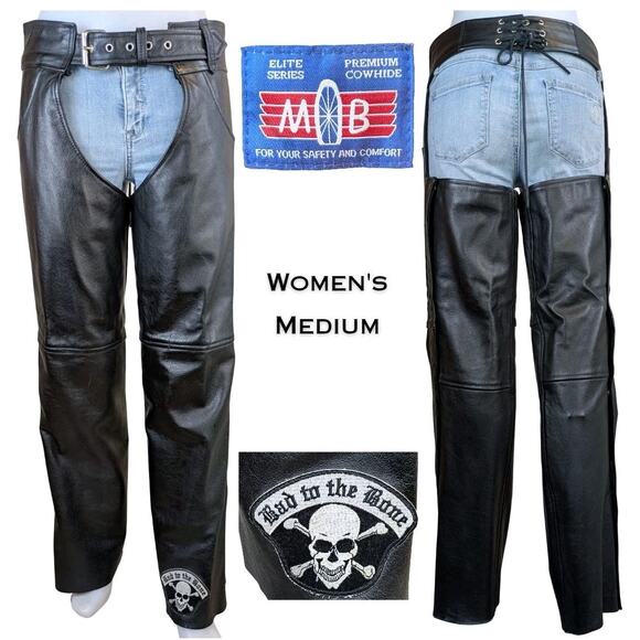 MOB Motorcycle Biker Horse Riding Chaps Black Leather Womens Medium Mid Rise - Picture 1 of 12